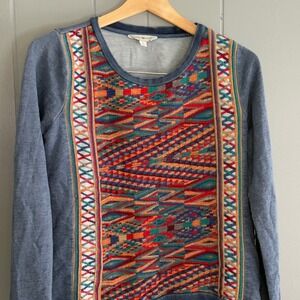 Lucky Lotus‎ Embroidered Sweatshirt Boho Artsy Tapestry Pullover Top Blue S